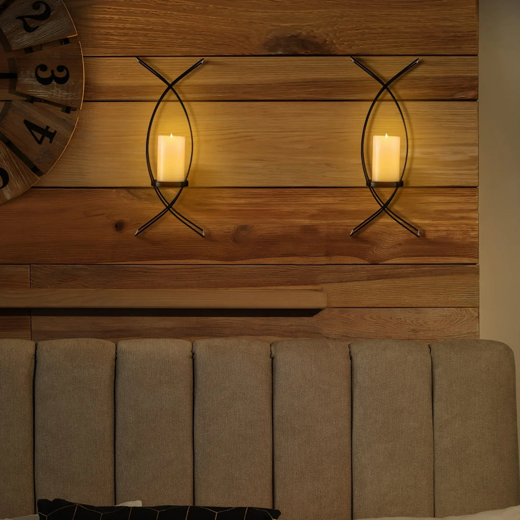 S Wall Mounted Black Metal Wrought Iron Candle Holder, Candle Wall Lamp Set, Wall Candle Holder Wall... - House Of Avana