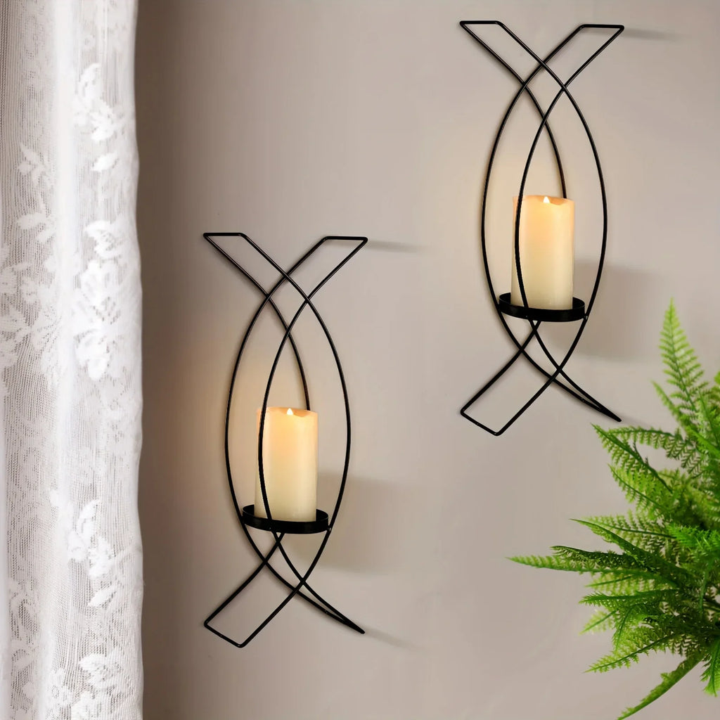 S Wall Mounted Black Metal Wrought Iron Candle Holder, Candle Wall Lamp Set, Wall Candle Holder Wall... - House Of Avana