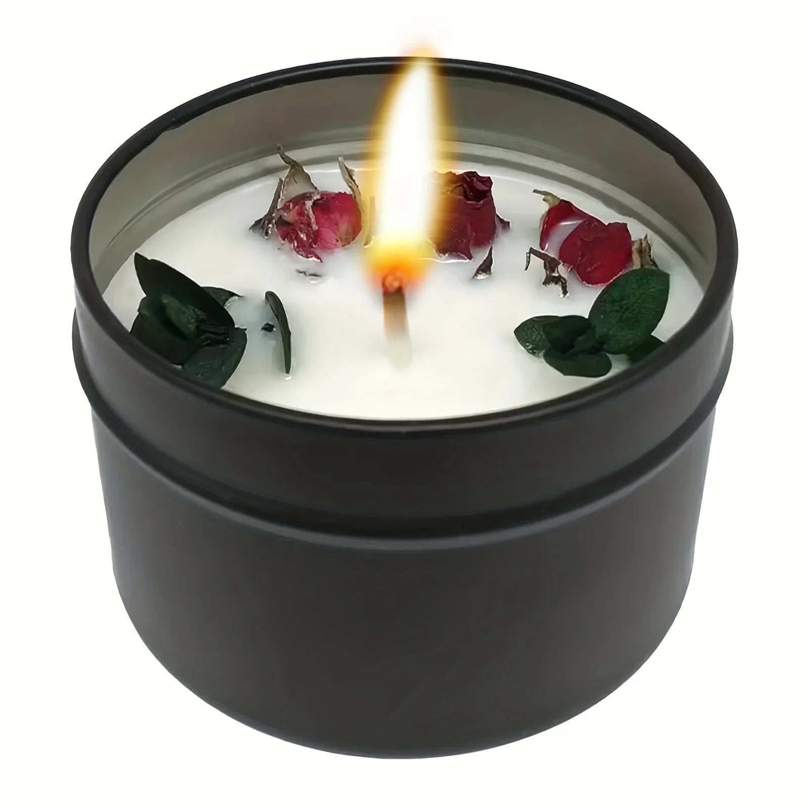 Soy Wax Candle in Black Metal Jar Long Burning, angled view - House Of Avana