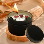 Soy Wax Candle in Black Metal Jar Long Burning, front view - House Of Avana