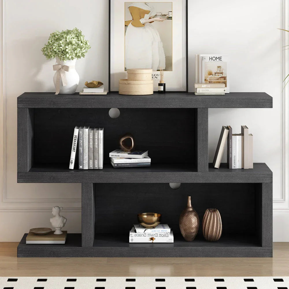 BlueWood Retro Console Table with Symmetrical 2-Tier Open Shelf for Entryway and Living Room (Black) House Of Avana