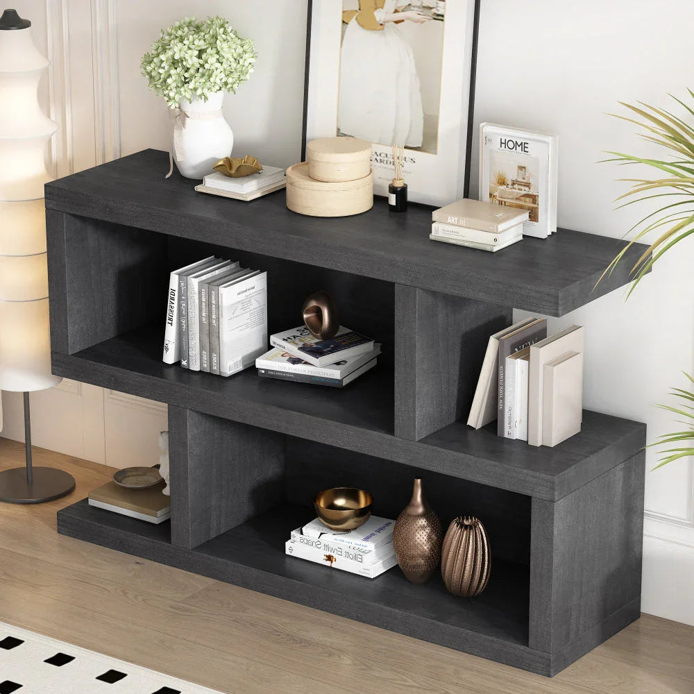 BlueWood Retro Console Table with Symmetrical 2-Tier Open Shelf for Entryway and Living Room (Black) House Of Avana