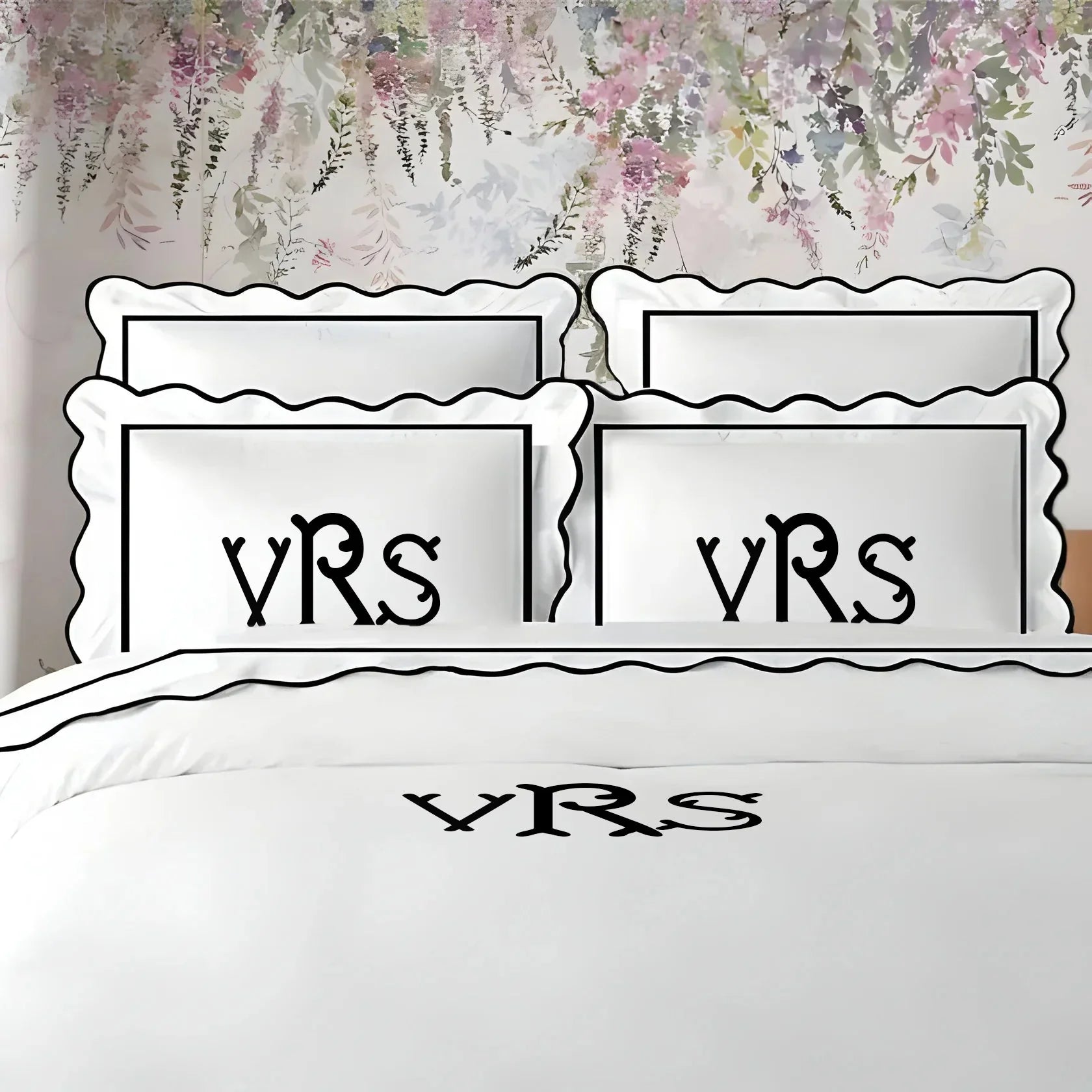 Monogram 400TC Cotton Scallop Embroidery & Border Sateen Solid Duvet Cover Set PushpLinen