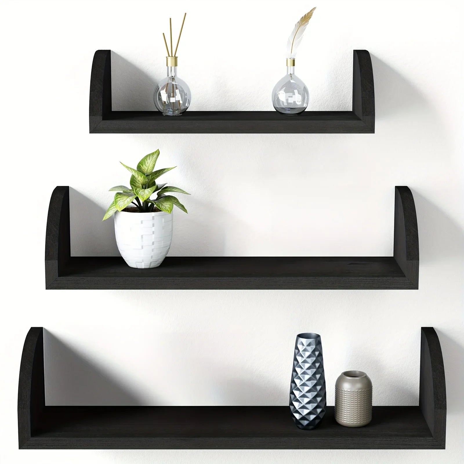 Floating Shelves Wall Mounted, Solid Wood Shelves Wall Bookshelves Set Of 3 For Bedroom, Living Room, Bathroom, Kitchen - Black House Of Avana