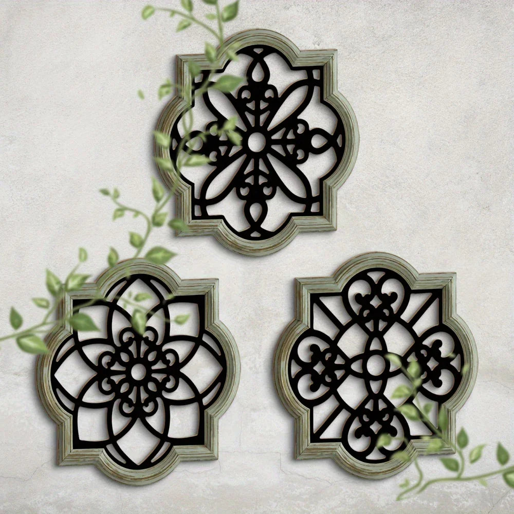 Wooden Wall Hanging Decor - S Black Floral Design Plaques, back view - House Of Avana