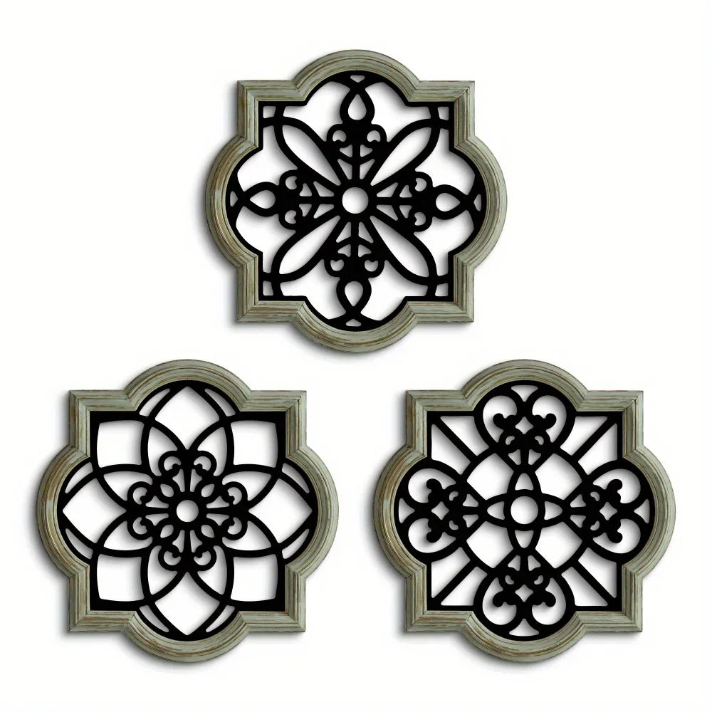 Wooden Wall Hanging Decor - S Black Floral Design Plaques, close-up view - House Of Avana