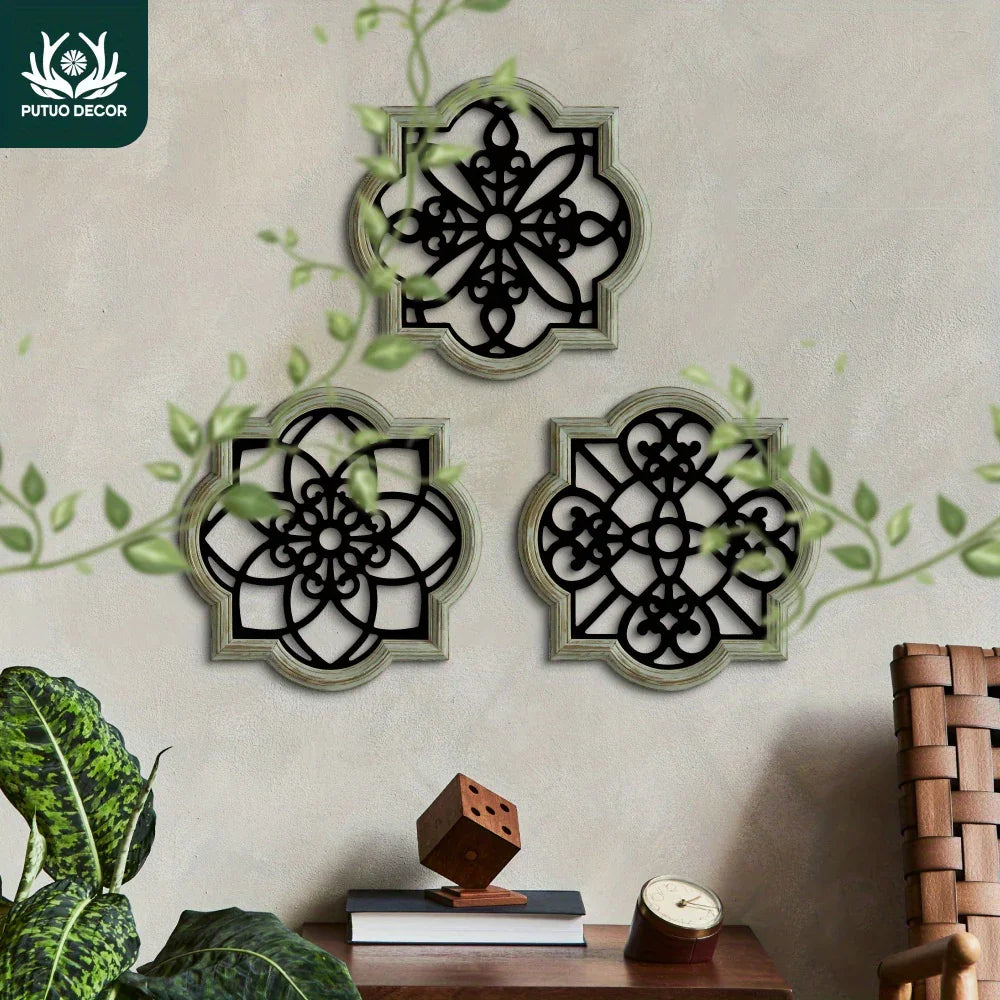 Wooden Wall Hanging Decor - S Black Floral Design Plaques, front view - House Of Avana