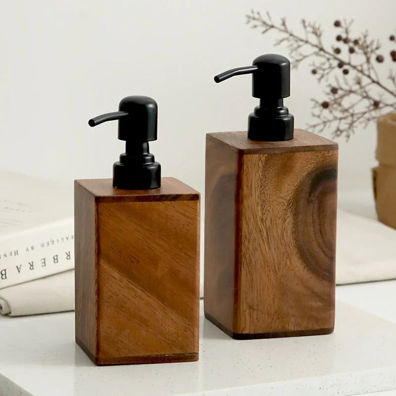 Vintage Wooden Soap Dispenser, Solid Wood Outer Frame Bottle with Black Pump Stainless Steel,... - House Of Avana