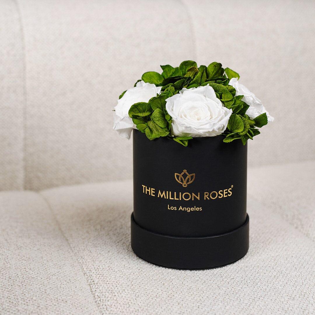 Black garden box with white roses, wooden planter - House of Avana