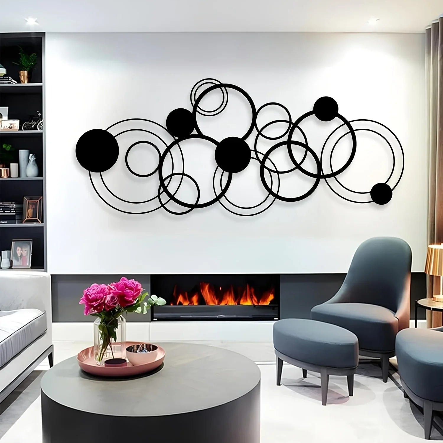 Metal Wall Art, 41"x17" Geometric Abstract Circles Design in Black, front view - House Of Avana