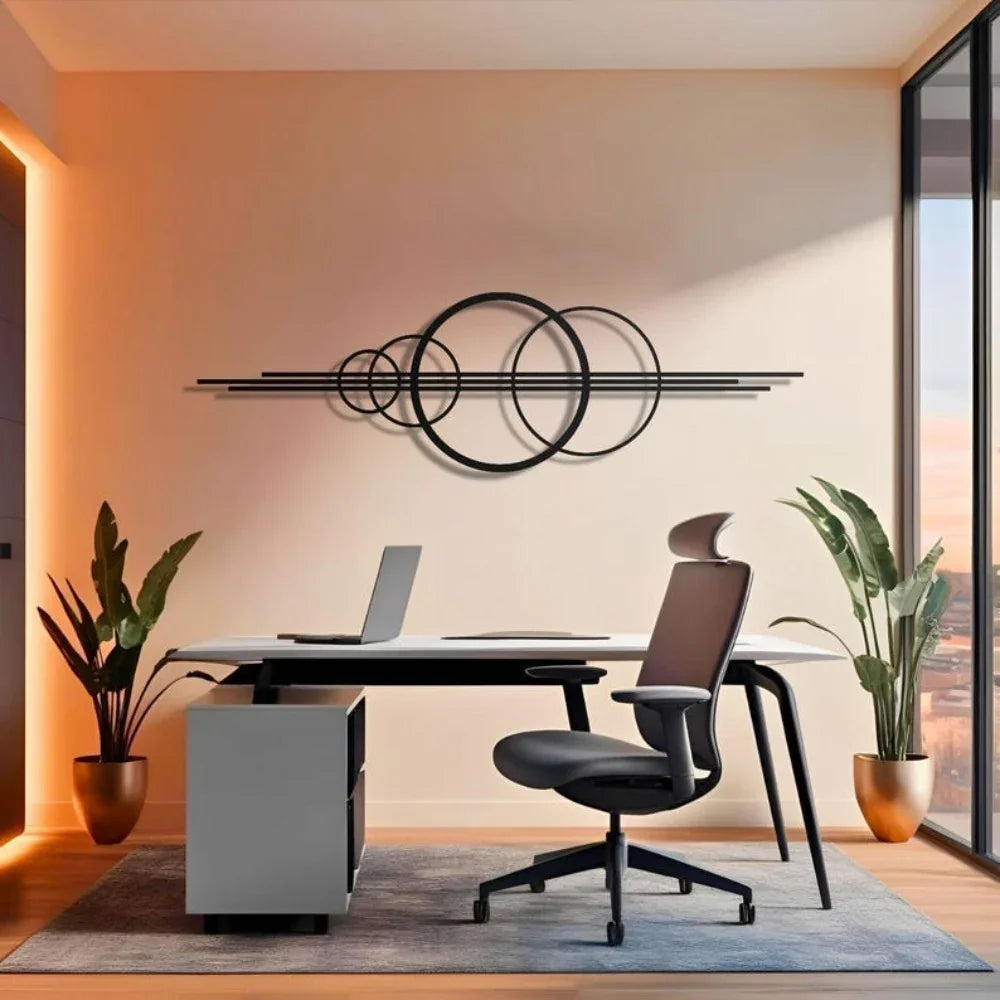 Metal Wall Art Black Geometric Circles Design Horizontal or Vertical Hanging, detail shot - House Of Avana