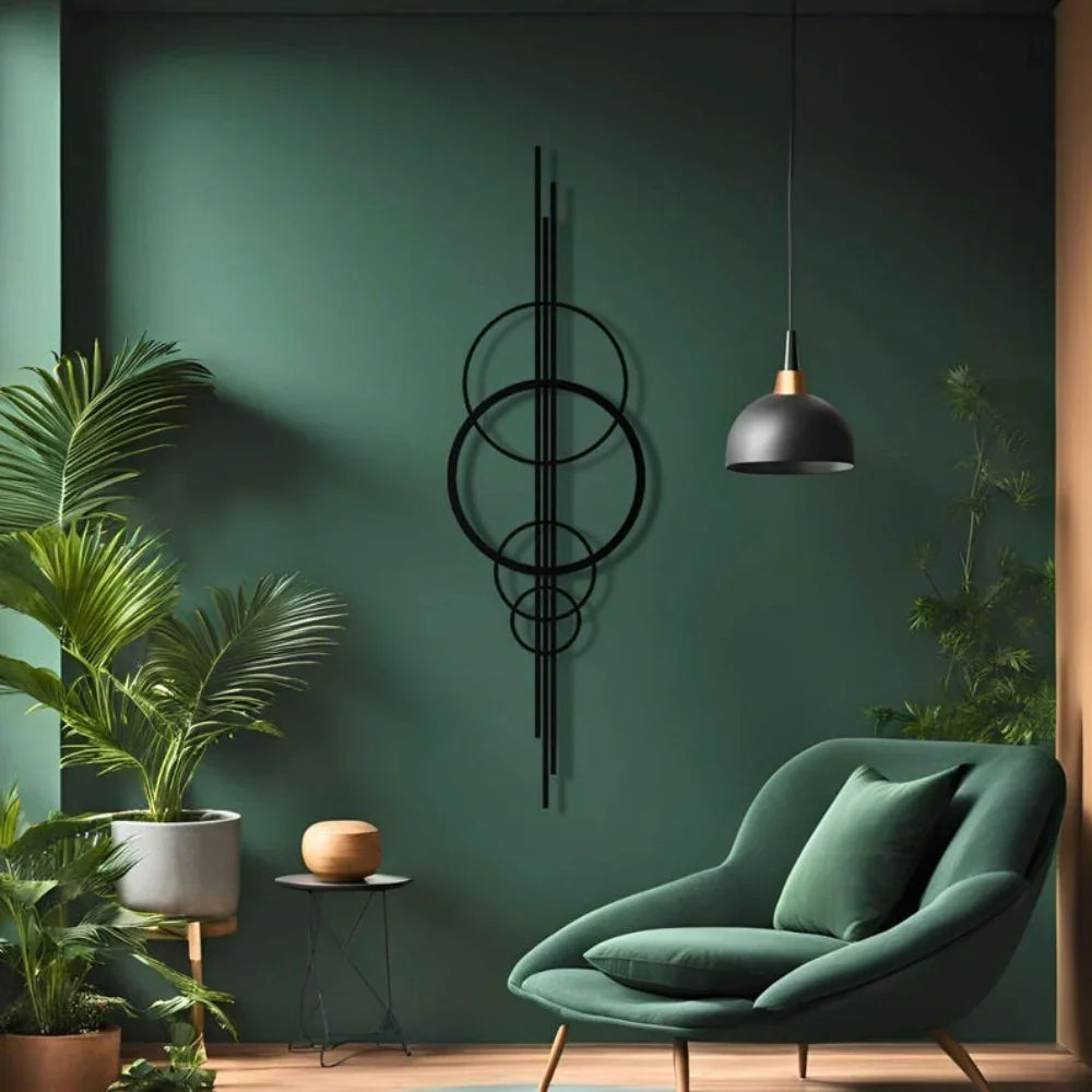 Metal Wall Art Black Geometric Circles Design Horizontal or Vertical Hanging, side view - House Of Avana