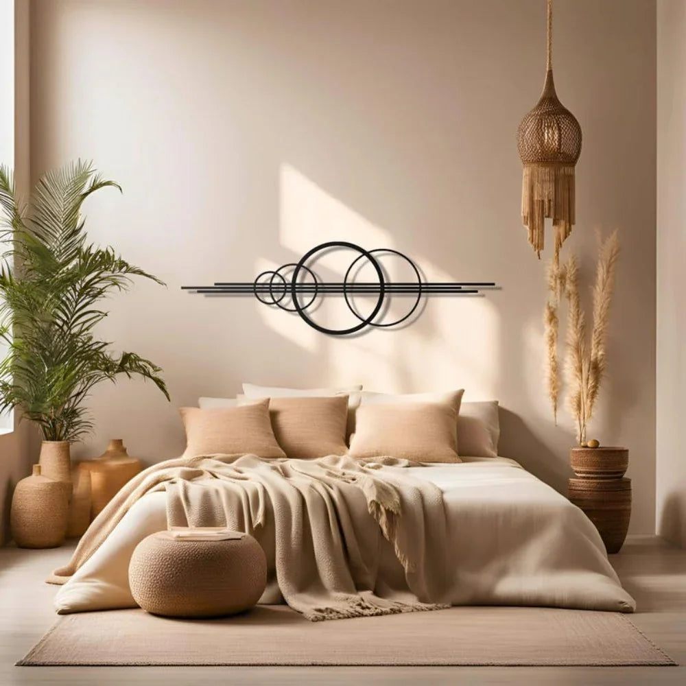 Metal Wall Art Black Geometric Circles Design Horizontal or Vertical Hanging, top view - House Of Avana