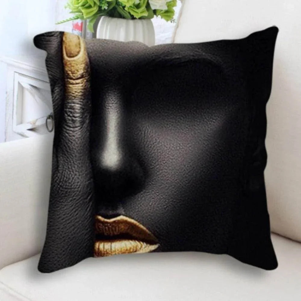Abstract Black Gold Woman Face Print Cushion Cover, front view - House Of Avana