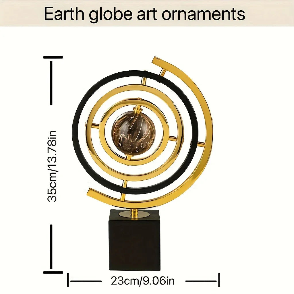 360° Rotating Modern Abstract Metal Globe Sculpture with Rectangular Stand - Black & Golden Luxury... - House Of Avana