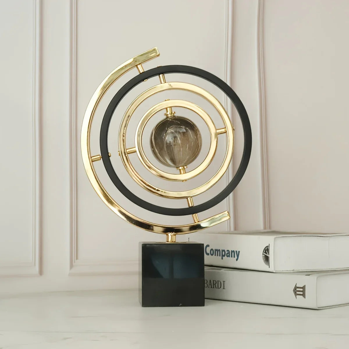 360° Rotating Modern Abstract Metal Globe Sculpture with Rectangular Stand - Black & Golden Luxury... - House Of Avana