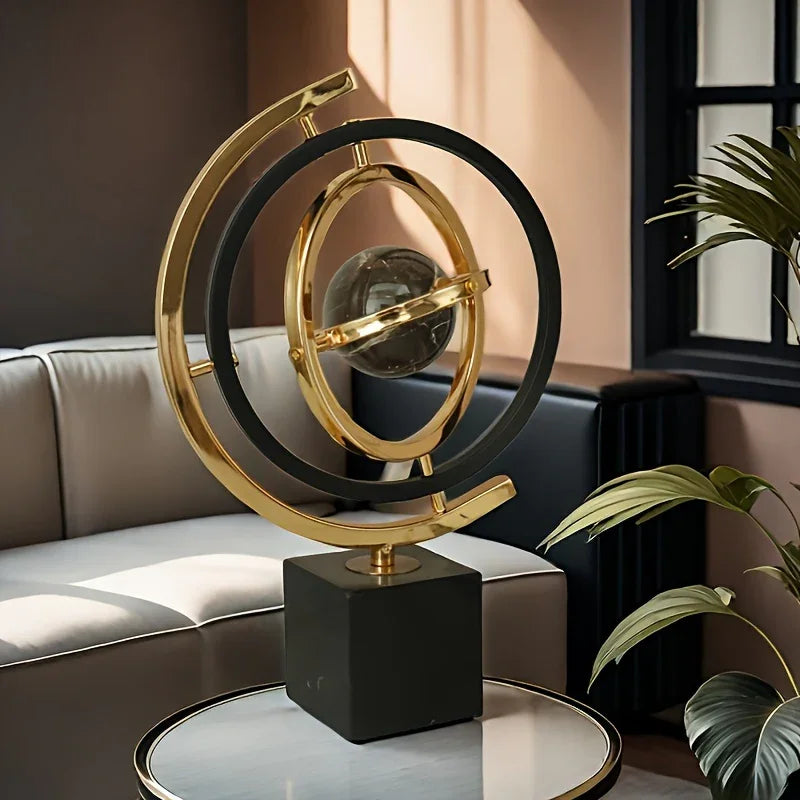 360° Rotating Modern Abstract Metal Globe Sculpture with Rectangular Stand - Black & Golden Luxury... - House Of Avana