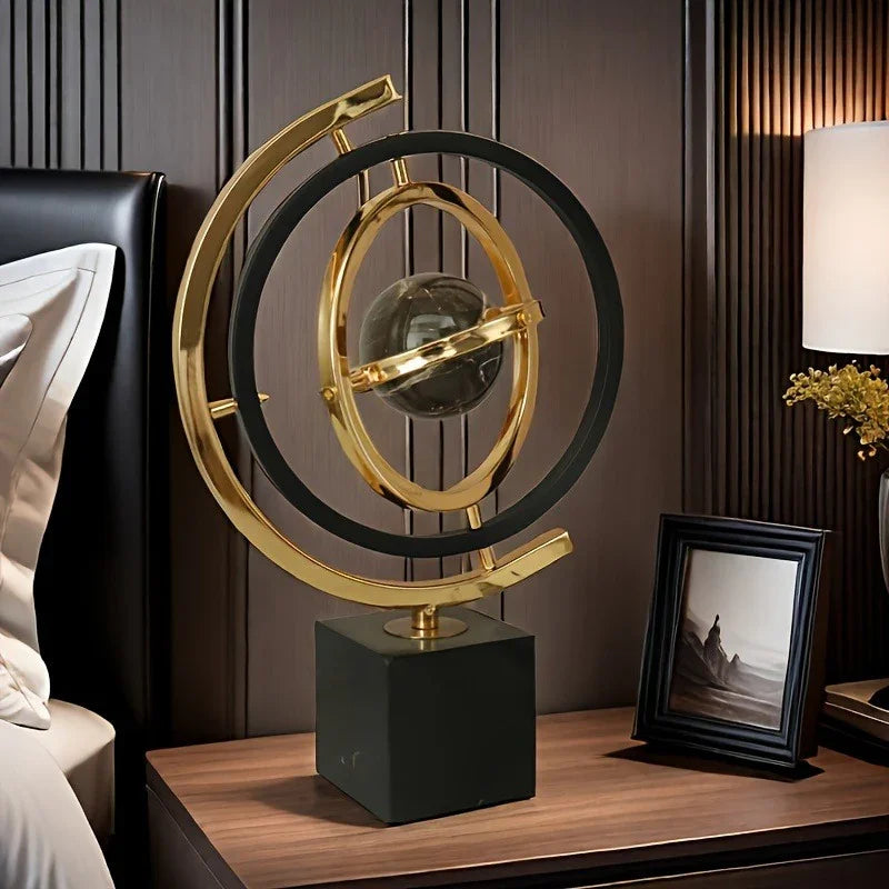 360° Rotating Modern Abstract Metal Globe Sculpture with Rectangular Stand - Black & Golden Luxury... - House Of Avana