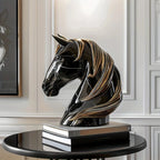 Black Horse Head Statue - Abstract Modern Resin Sculpture with Glossy Finish & Golden Accents,... - House Of Avana