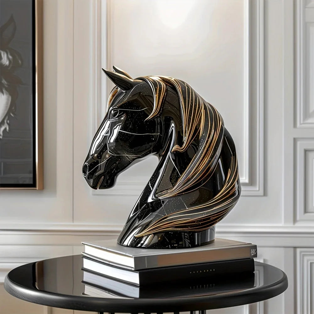 Black Horse Head Statue - Abstract Modern Resin Sculpture with Glossy Finish & Golden Accents,... - House Of Avana
