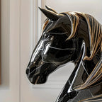 Black Horse Head Statue - Abstract Modern Resin Sculpture with Glossy Finish & Golden Accents,... - House Of Avana