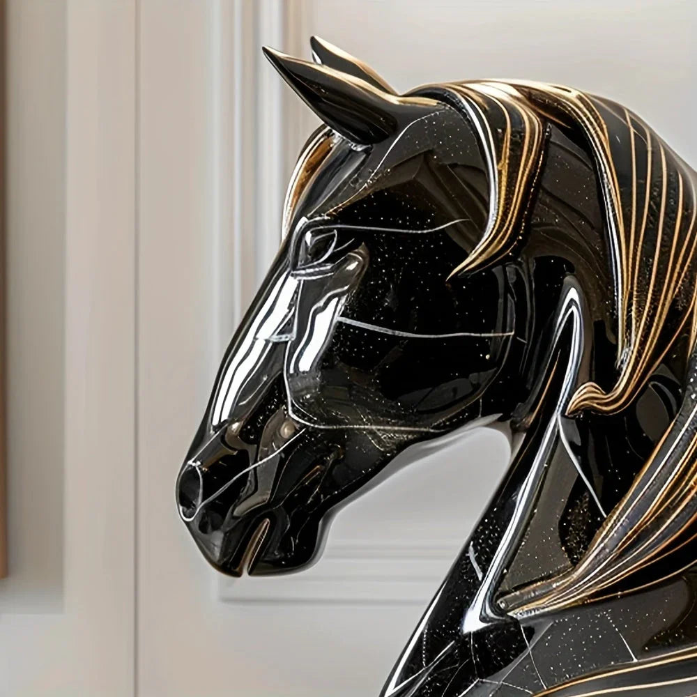 Black Horse Head Statue - Abstract Modern Resin Sculpture with Glossy Finish & Golden Accents,... - House Of Avana