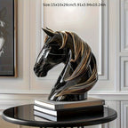 Black Horse Head Statue - Abstract Modern Resin Sculpture with Glossy Finish & Golden Accents,... - House Of Avana