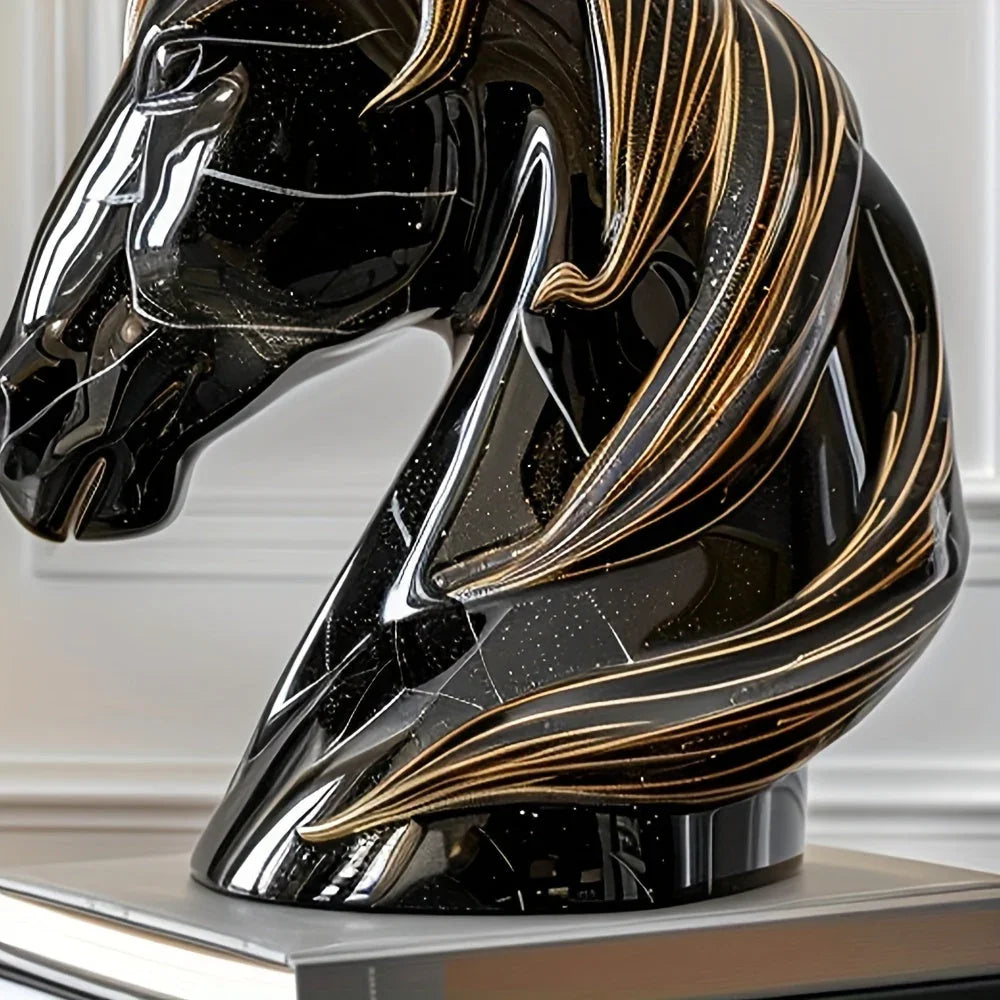 Black Horse Head Statue - Abstract Modern Resin Sculpture with Glossy Finish & Golden Accents,... - House Of Avana