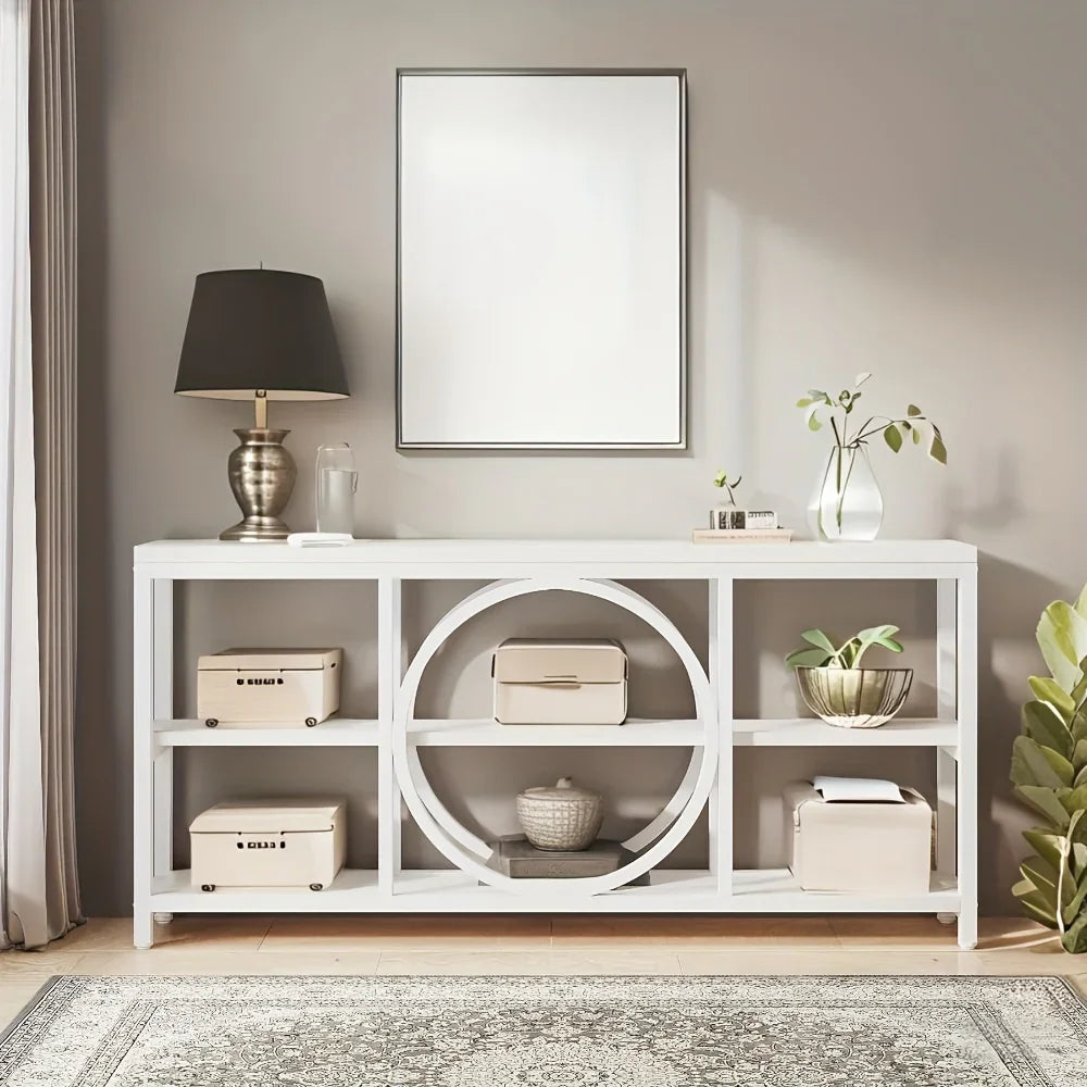 70.9 Inch Sofa Console Table, Extra Long Narrow Entryway Tables with Tier Wood Storage Shelves Metal... - House Of Avana
