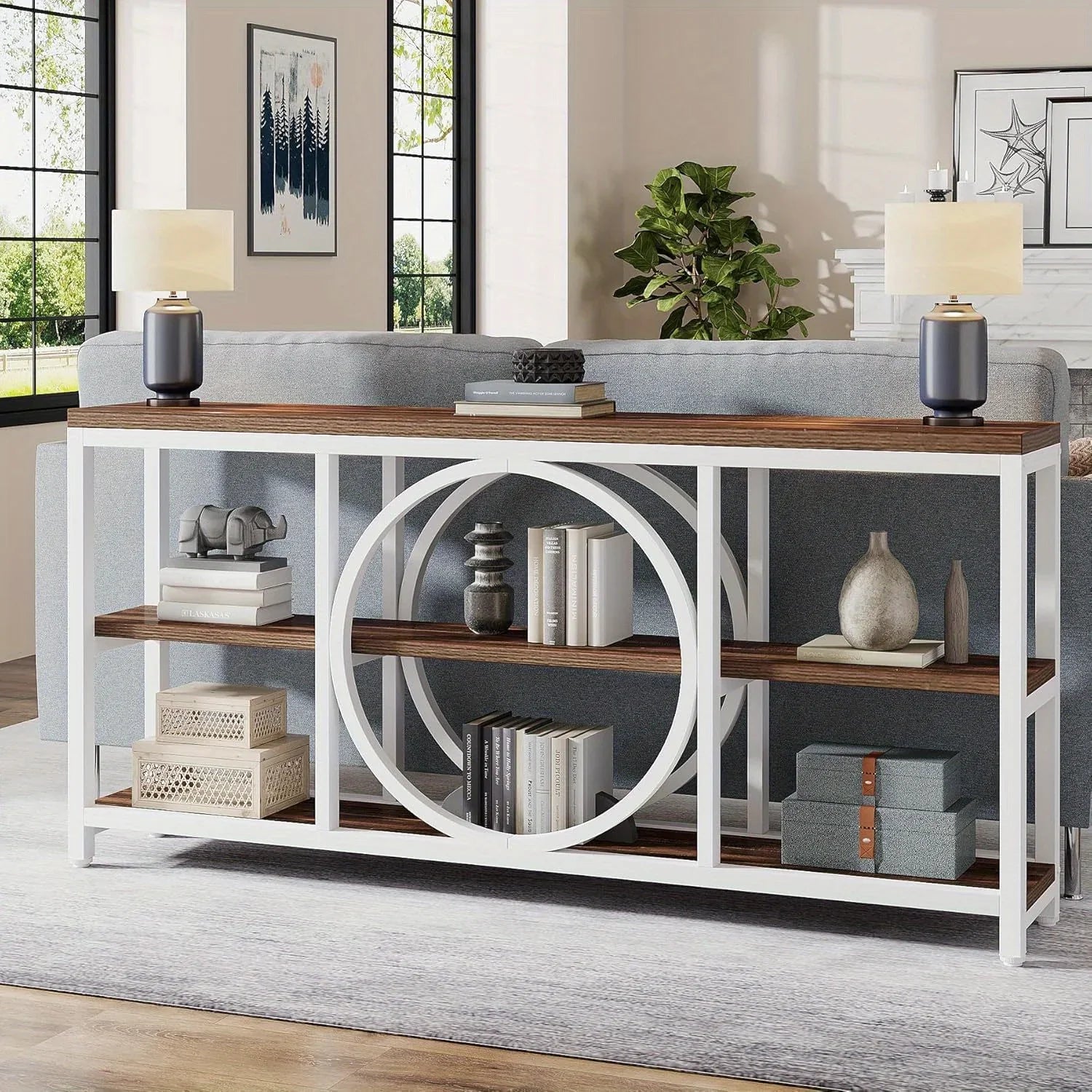 70.9 Inch Sofa Console Table, Extra Long Narrow Entryway Tables with Tier Wood Storage Shelves Metal... - House Of Avana