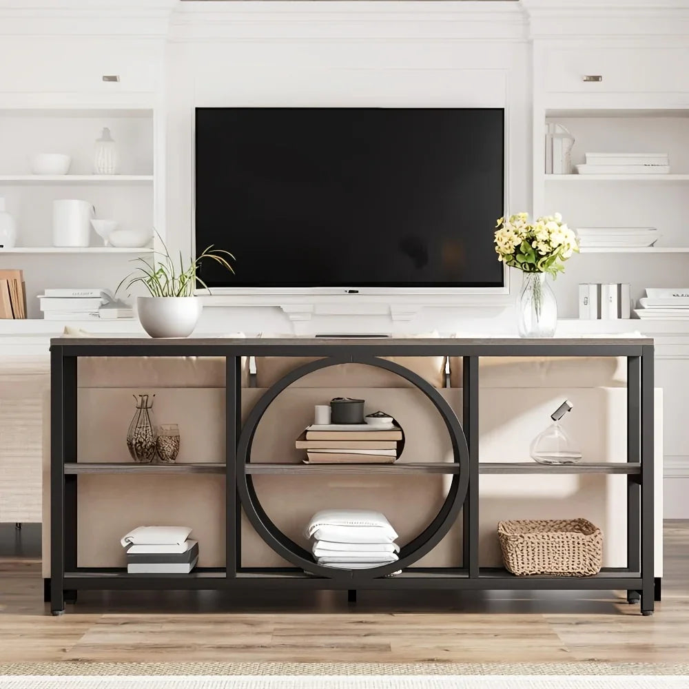 70.9 Inch Sofa Console Table, Extra Long Narrow Entryway Tables with Tier Wood Storage Shelves Metal... - House Of Avana