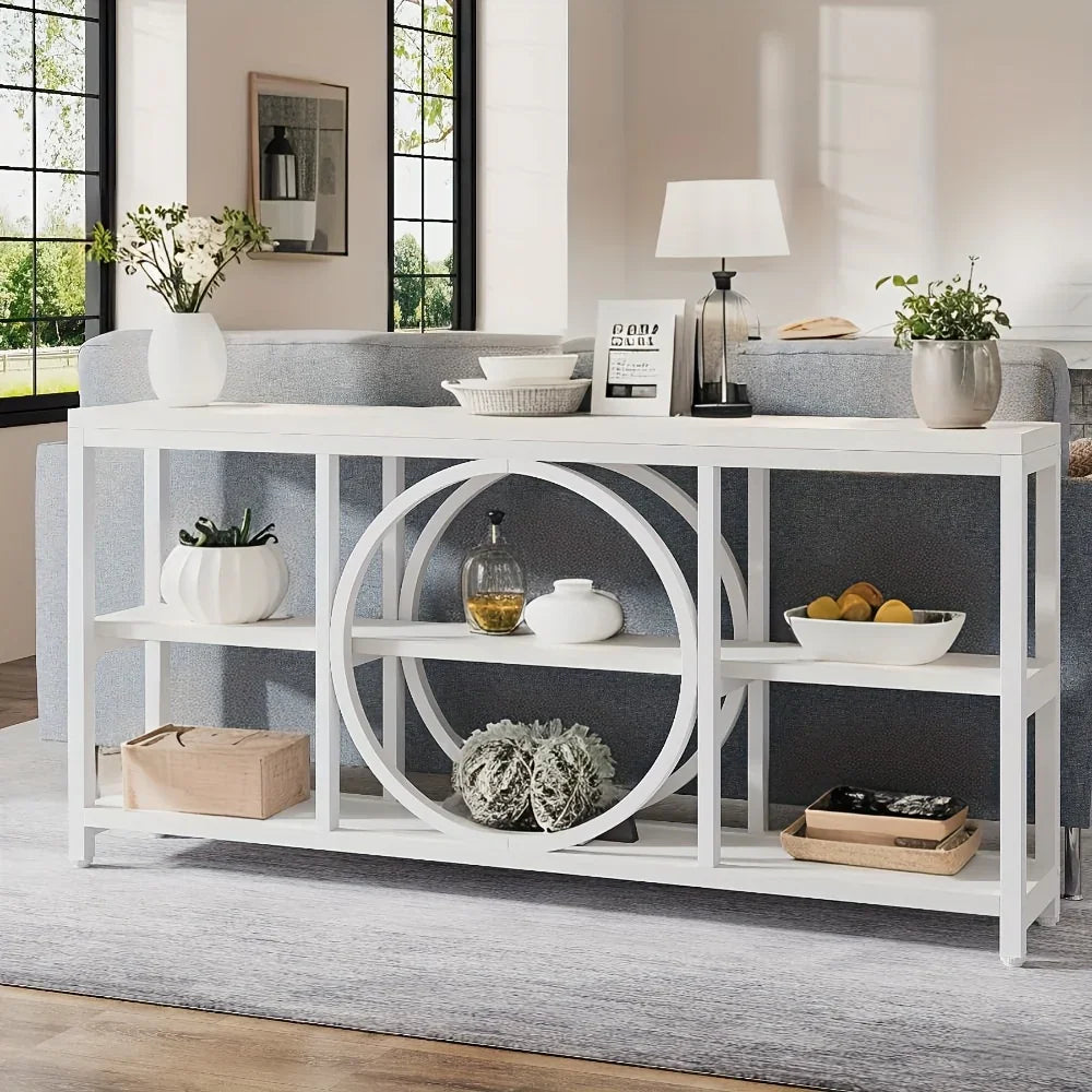 70.9 Inch Sofa Console Table, Extra Long Narrow Entryway Tables with Tier Wood Storage Shelves Metal... - House Of Avana