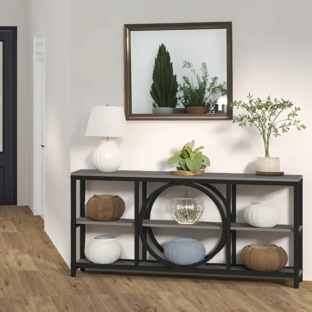 70.9 Inch Sofa Console Table, Extra Long Narrow Entryway Tables with Tier Wood Storage Shelves Metal... - House Of Avana