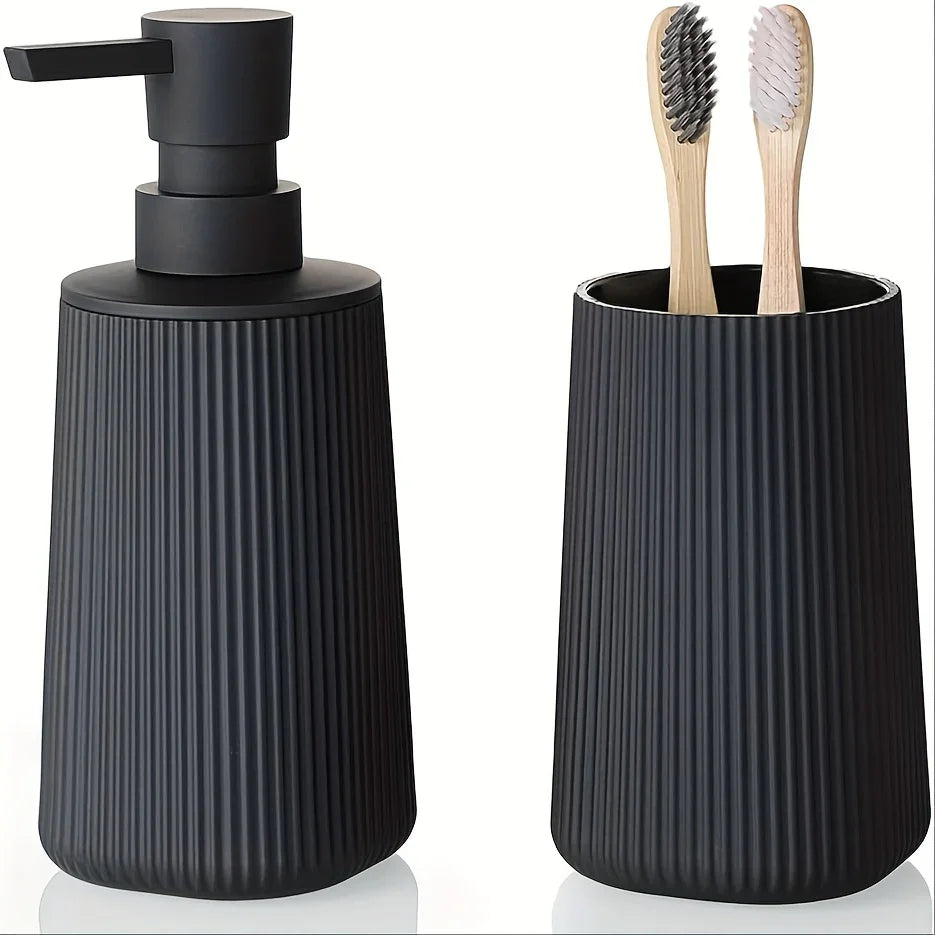 Accessories S Soap Dispenser and Toothbrush Holder Set Striped Black, S Bathroom Organizer Set, Plastic... - House Of Avana