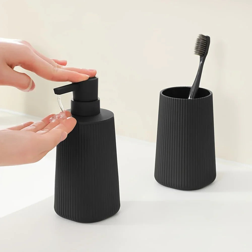 Accessories S Soap Dispenser and Toothbrush Holder Set Striped Black, S Bathroom Organizer Set, Plastic... - House Of Avana