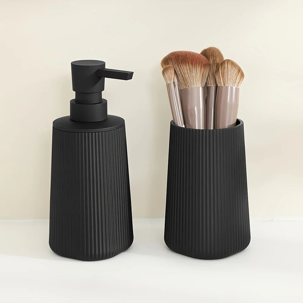 Accessories S Soap Dispenser and Toothbrush Holder Set Striped Black, S Bathroom Organizer Set, Plastic... - House Of Avana