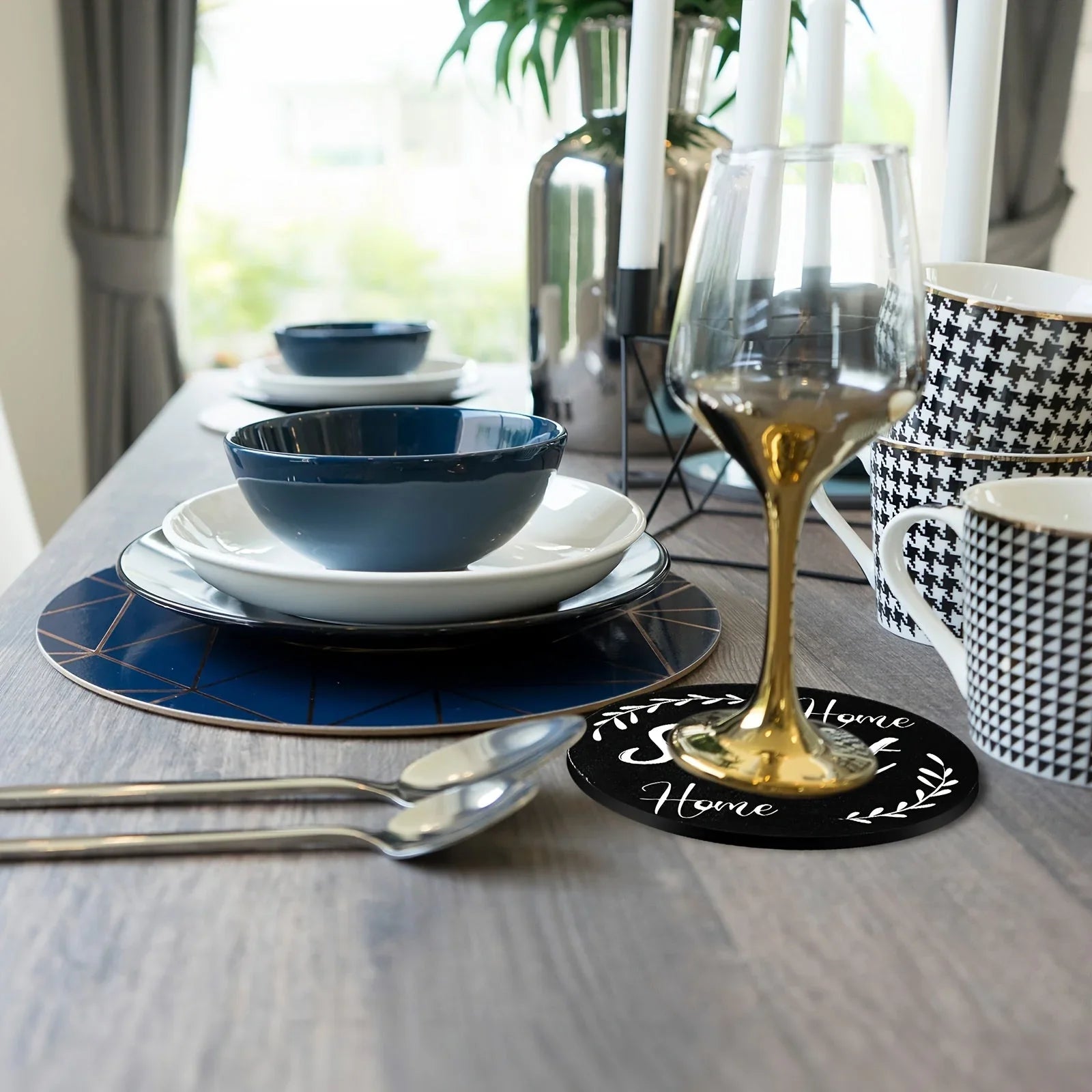 Black Wooden Coasters Set with Holder, angled view - House Of Avana