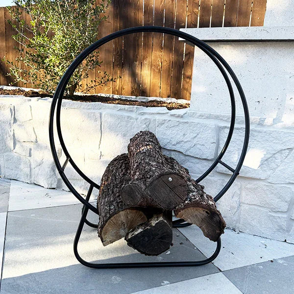 Black iron log holder with loop design, rustic metal décor - House of Avana