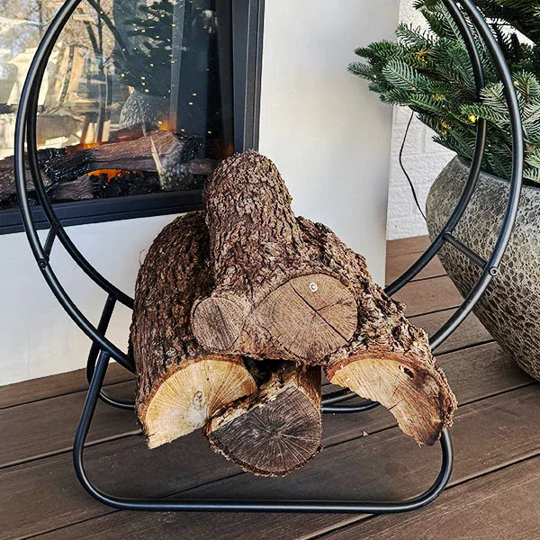 Black iron log holder with loop design, rustic metal décor - House of Avana