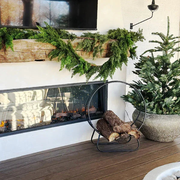 Black iron log holder with loop design, rustic metal décor - House of Avana