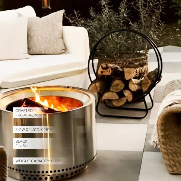 Black iron log holder with loop design, rustic metal décor - House of Avana