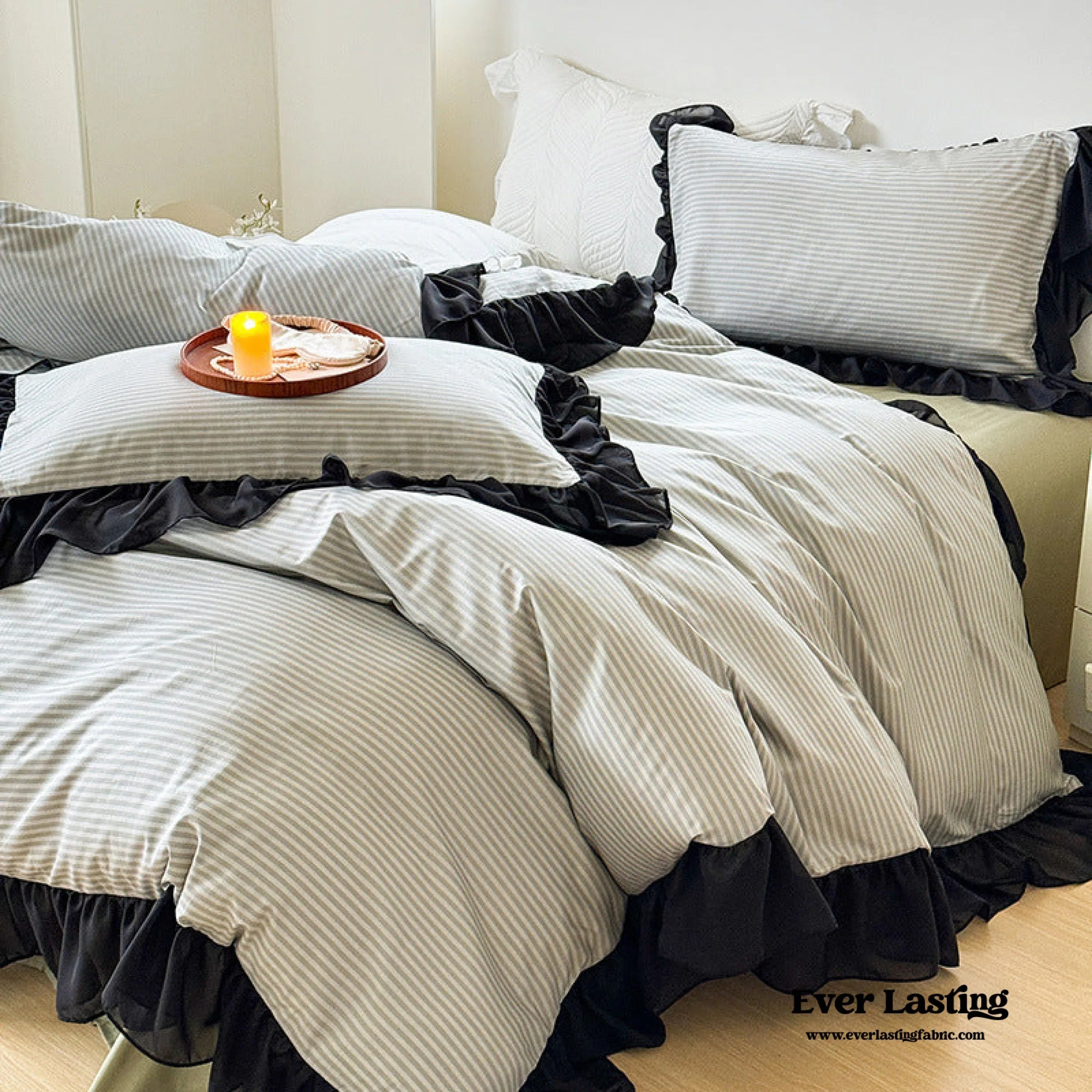 Black Lace Stripe Pastel Bedding Set / Pink Ever Lasting