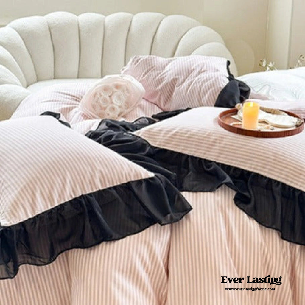 Black Lace Stripe Pastel Bedding Set / Pink Ever Lasting