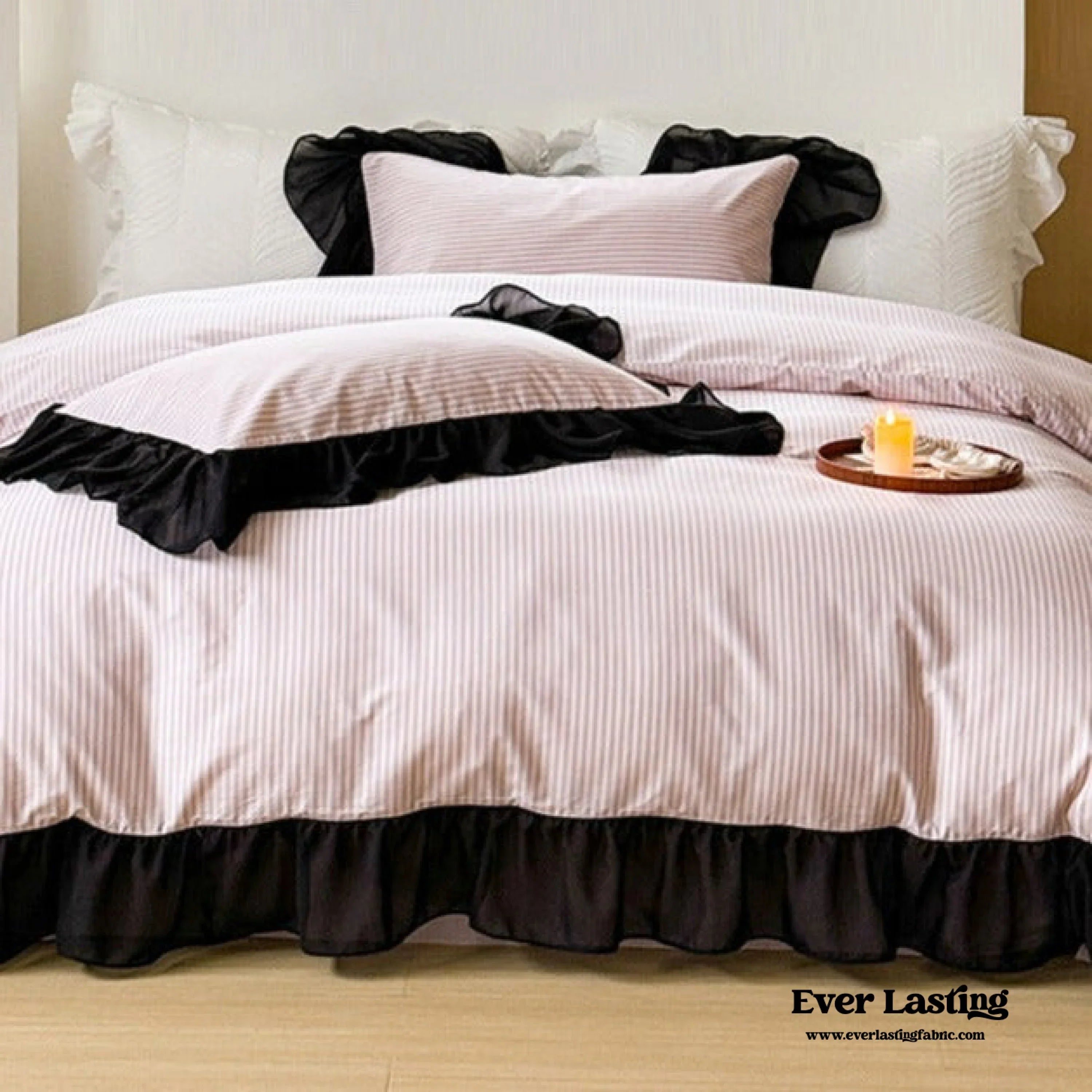 Black Lace Stripe Pastel Bedding Set / Pink Ever Lasting