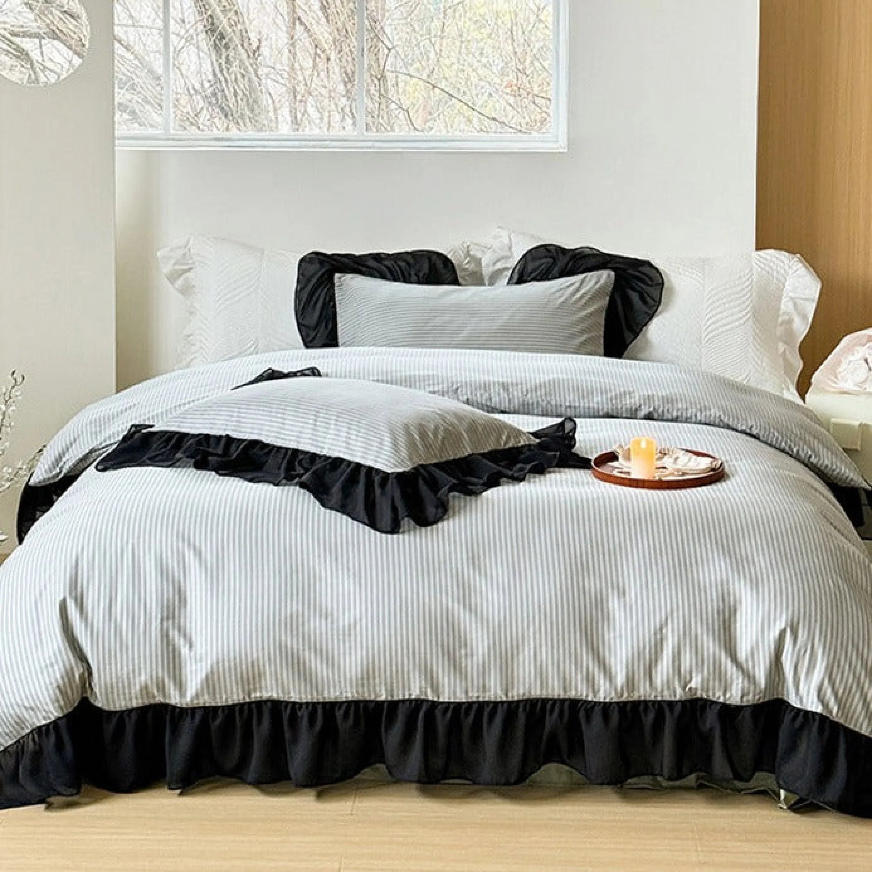 Black Lace Stripe Pastel Bedding Set / Pink Ever Lasting