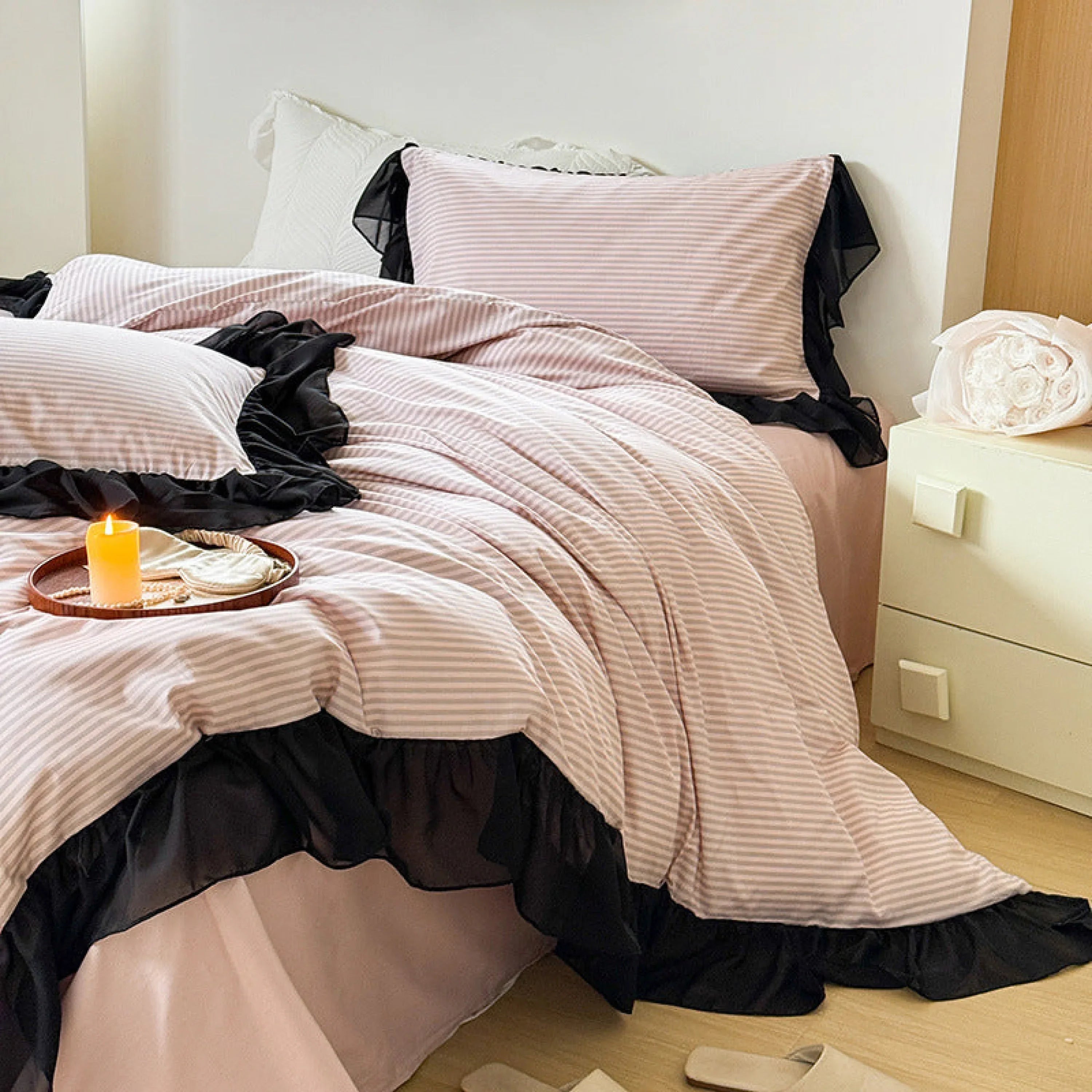 Black Lace Stripe Pastel Bedding Set / Pink Ever Lasting