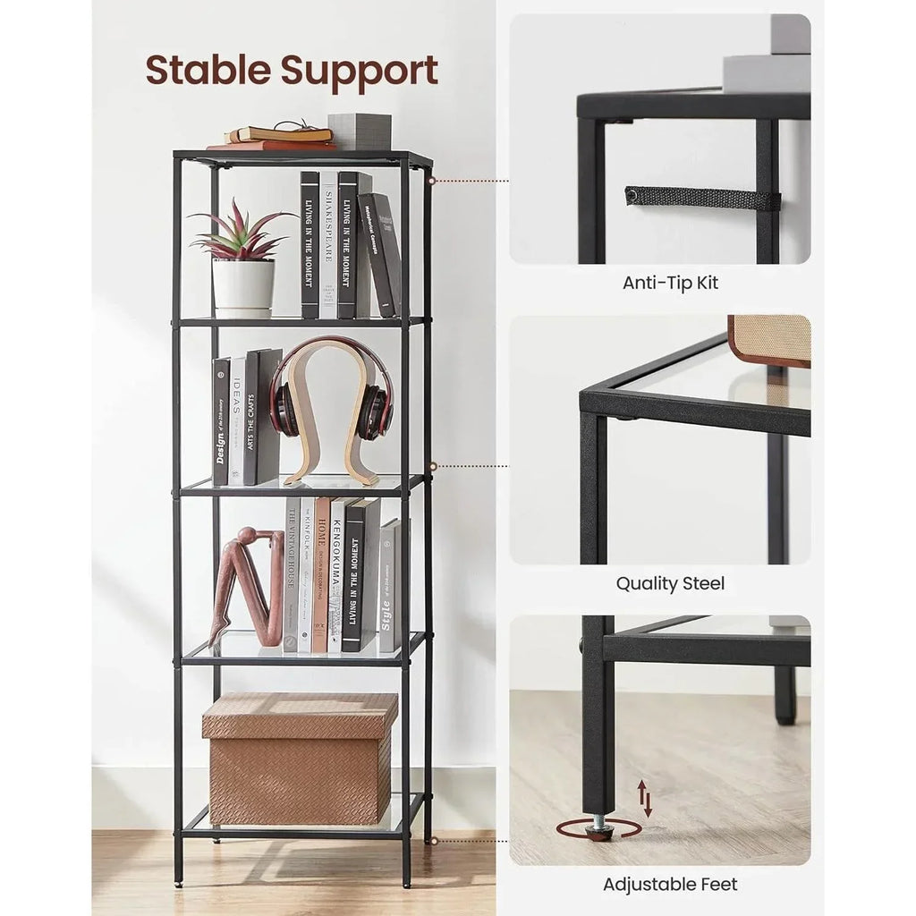 Black Metal Frame Glass Shelf Bookcase 4-Shelves Shelving Unit – House ...