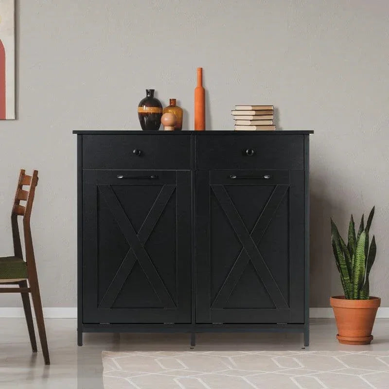 Black Multipurpose 2 Drawer / 2 Tilt Out 10gL Kitchen Laundry Trash/Recycle Storage