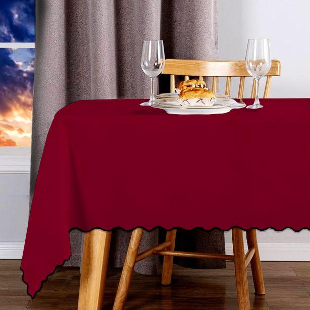 Scallop Embroidery Sateen Cotton Solid Table Cloth - Burgundy PushpLinen