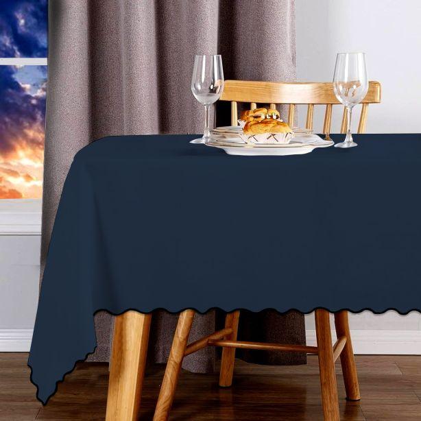 Scallop Embroidery Sateen Cotton Solid Table Cloth - Navy PushpLinen